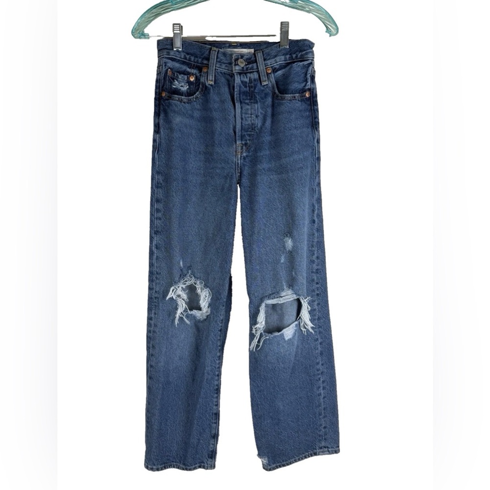 Levis Ribcage Straight Ankle Jeans Women's 25X27 Distressed Button Fly Med. Wash